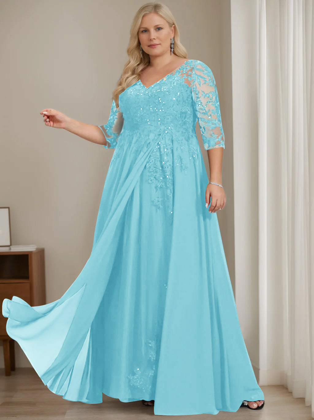 Plus Size V Neck A Line Long Mother of the Bride Dress with Half Sleeves and Sequins