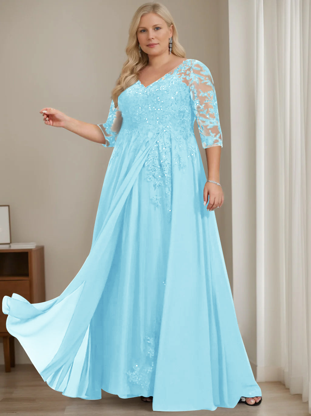 Plus Size V Neck A Line Long Mother of the Bride Dress with Half Sleeves and Sequins