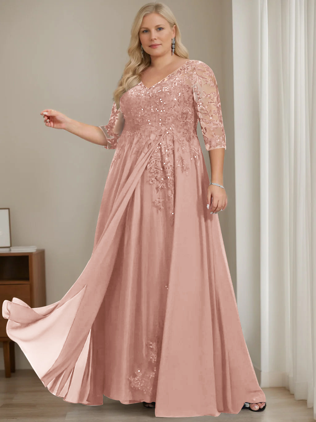 Plus Size V Neck A Line Long Mother of the Bride Dress with Half Sleeves and Sequins