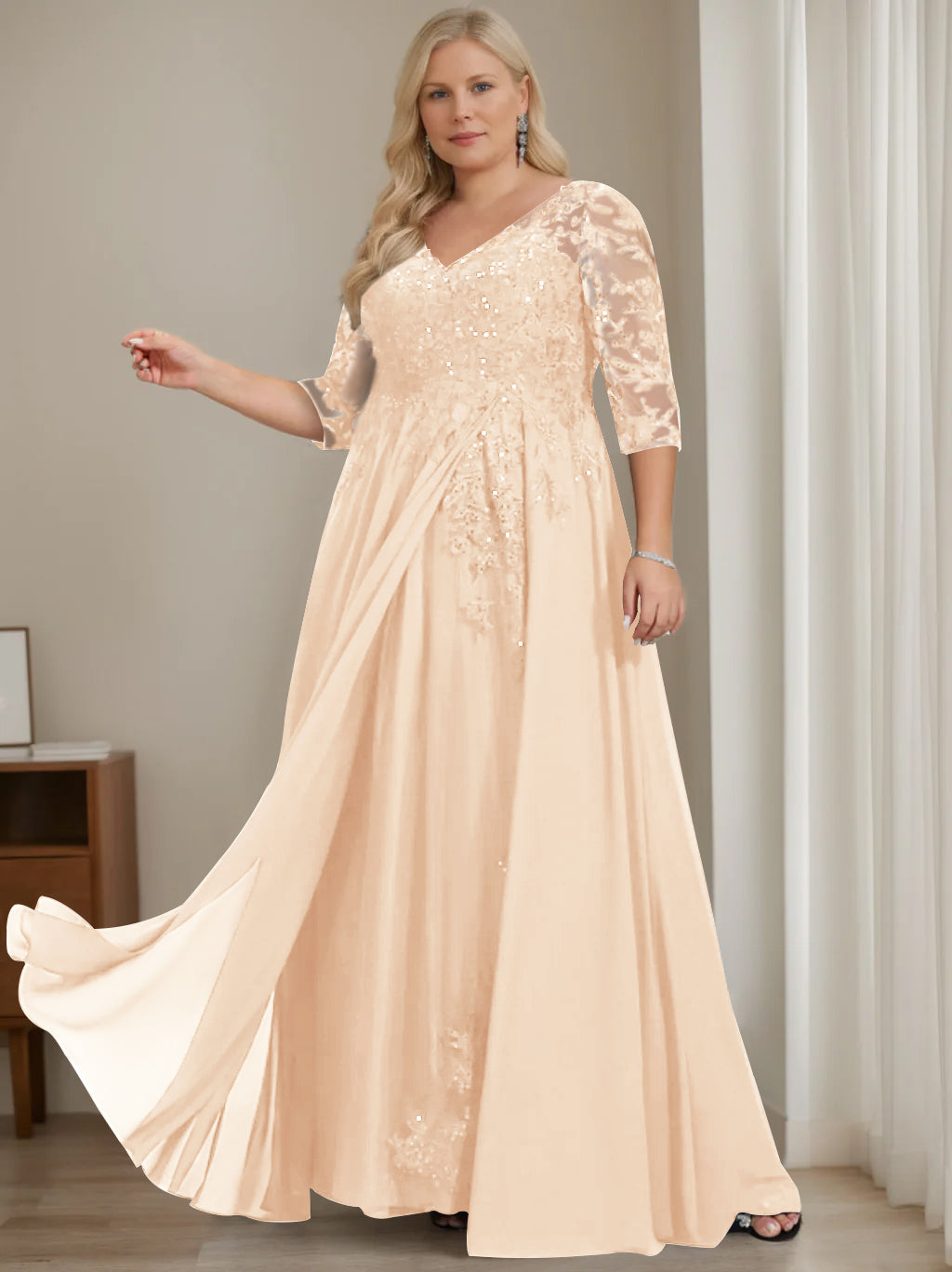 Plus Size V Neck A Line Long Mother of the Bride Dress with Half Sleeves and Sequins