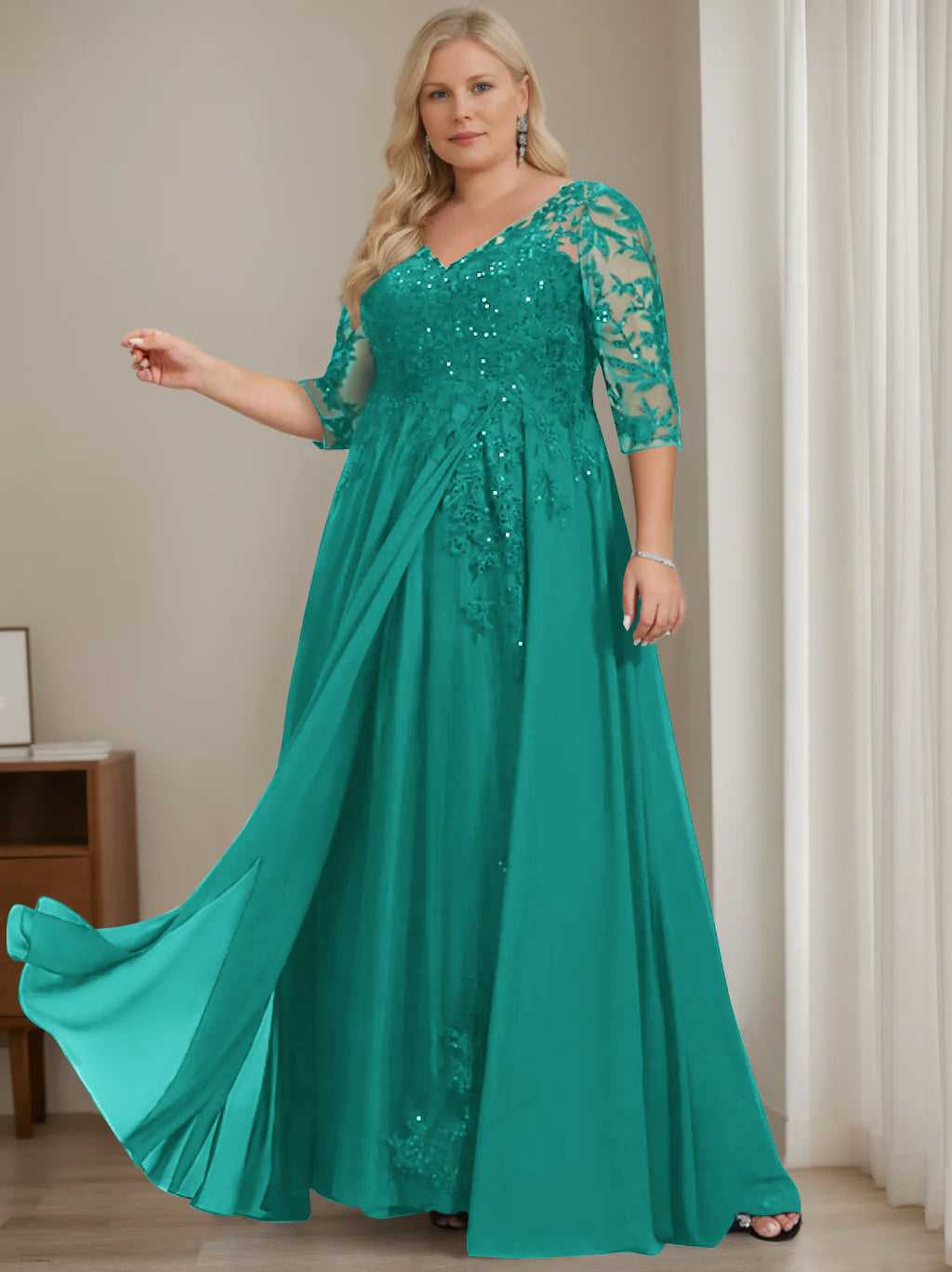 Plus Size V Neck A Line Long Mother of the Bride Dress with Half Sleeves and Sequins