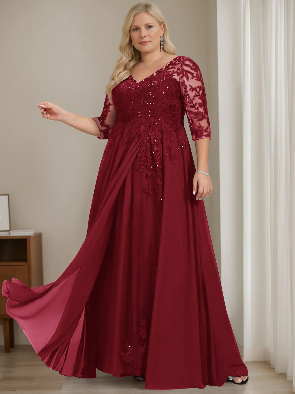 Plus Size V Neck A Line Long Mother of the Bride Dress with Half Sleeves and Sequins