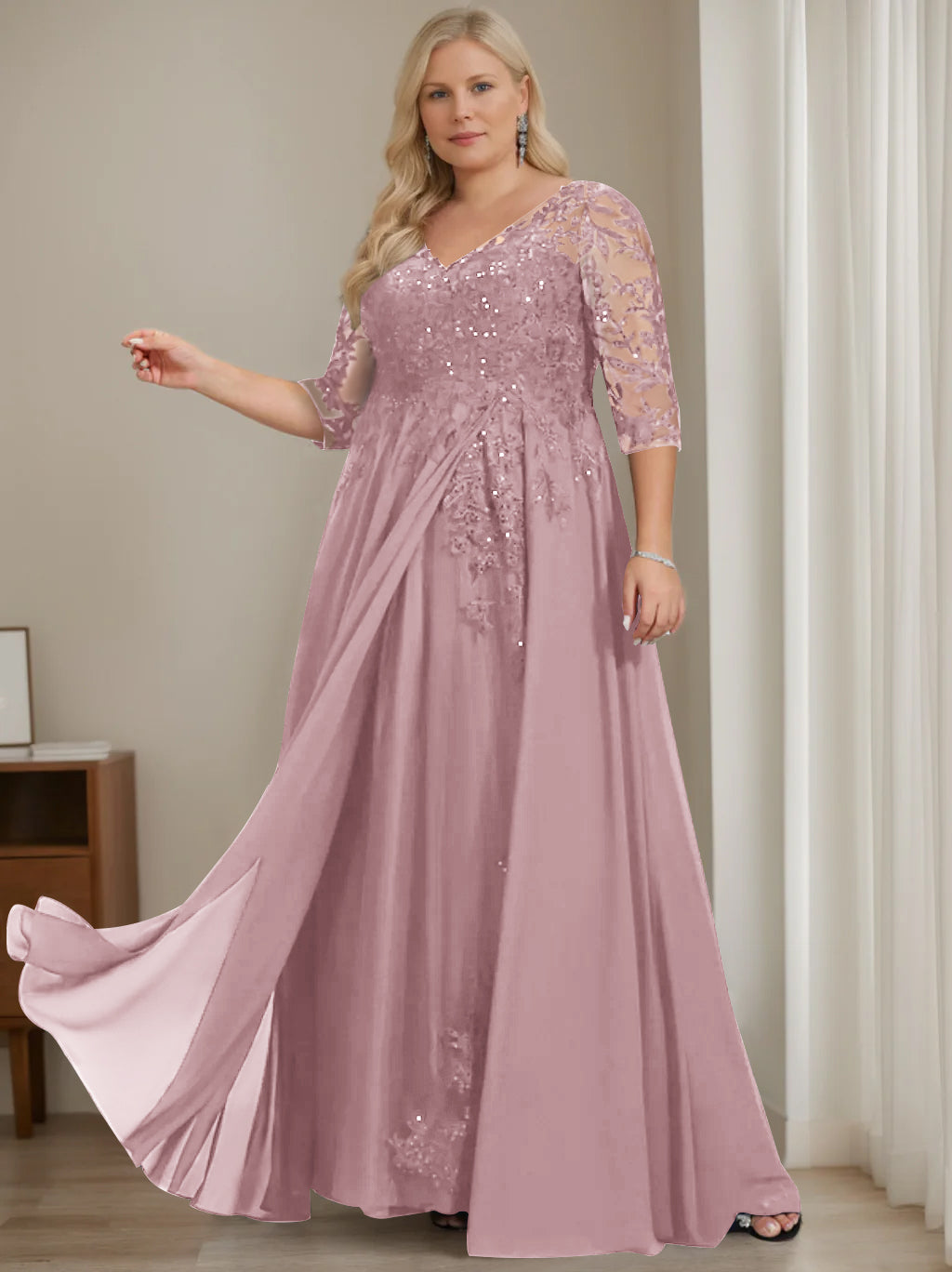 Plus Size V Neck A Line Long Mother of the Bride Dress with Half Sleeves and Sequins