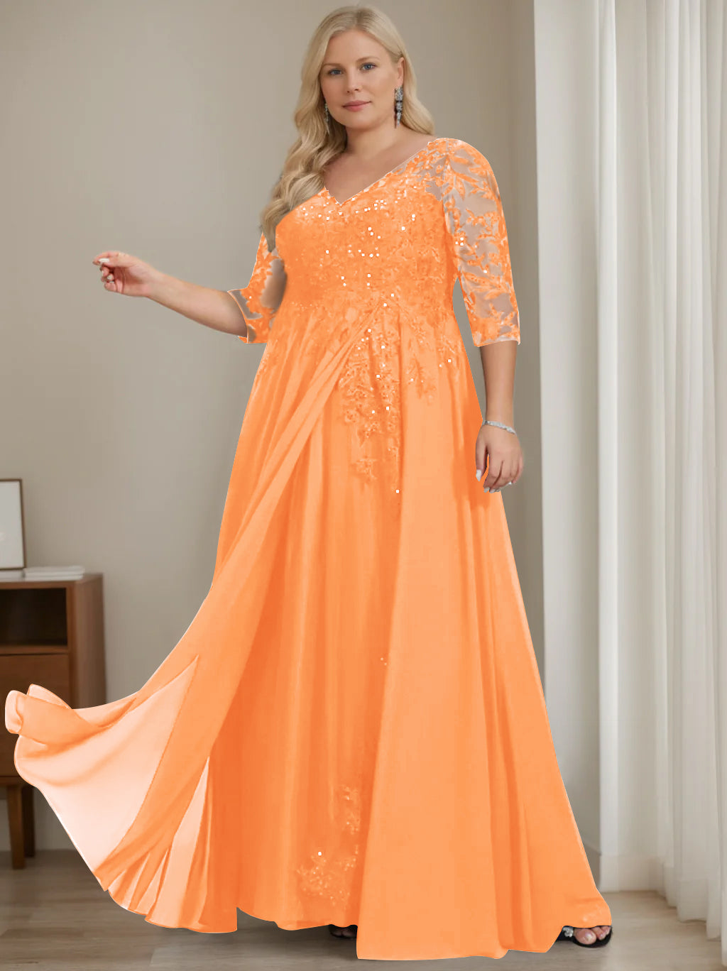 Plus Size V Neck A Line Long Mother of the Bride Dress with Half Sleeves and Sequins