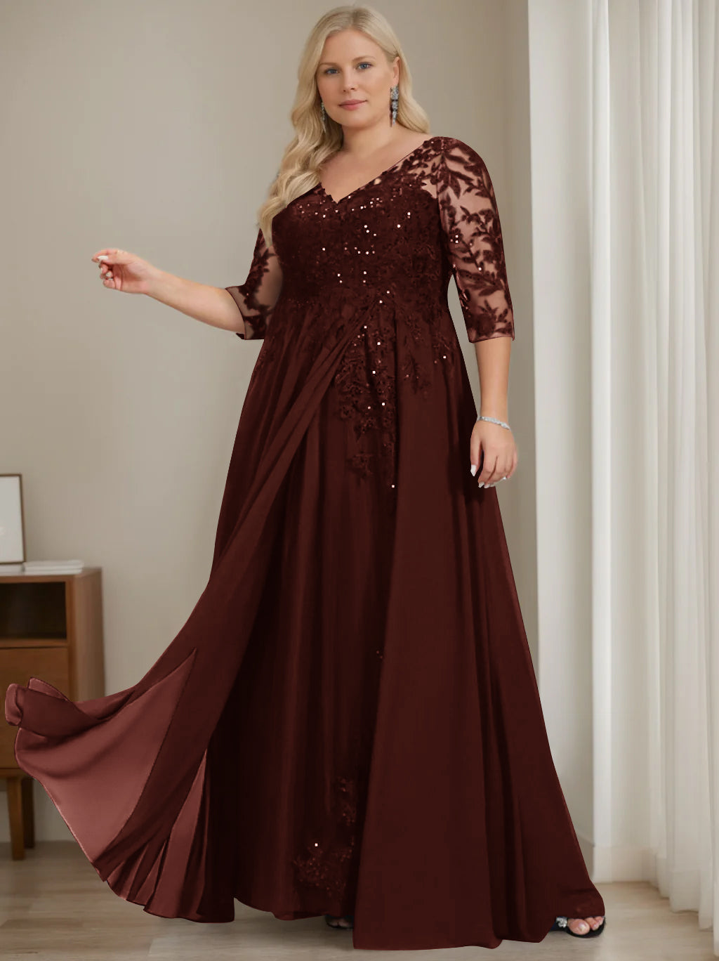 Plus Size V Neck A Line Long Mother of the Bride Dress with Half Sleeves and Sequins