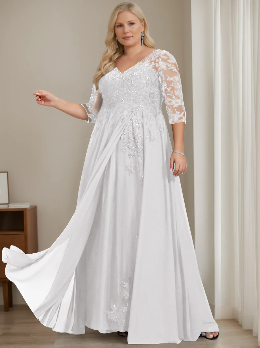 Plus Size V Neck A Line Long Mother of the Bride Dress with Half Sleeves and Sequins