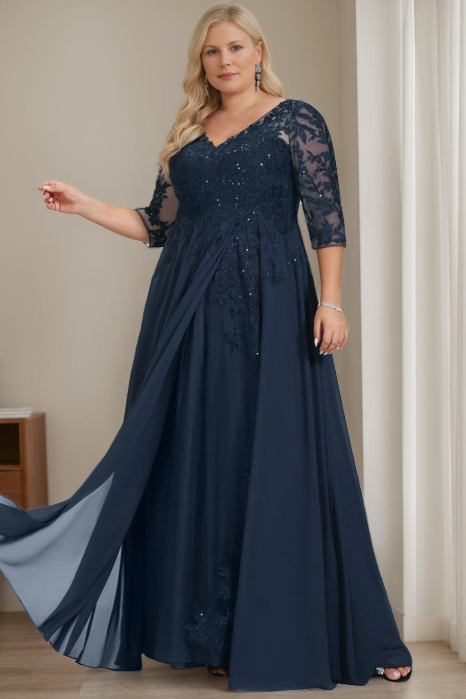 Plus Size V Neck A Line Long Mother of the Bride Dress with Half Sleeves and Sequins