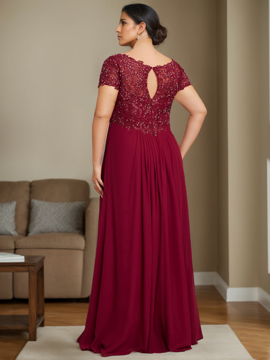 Plus Size V Neck A Line Long Mother of the Bride Dress with Rhinestone and Pleated Details