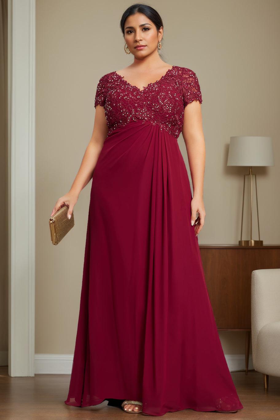 Plus Size V Neck A Line Long Mother of the Bride Dress with Rhinestone and Pleated Details