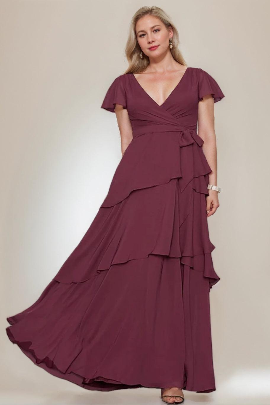 Plus Size V Neck A Line Long Mother of the Bride Dress with Ruffles and Short Sleeves