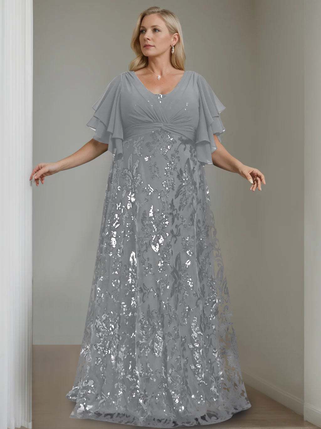 Plus Size V Neck A Line Long Mother of the Bride Dress with Sequins and Half Sleeves