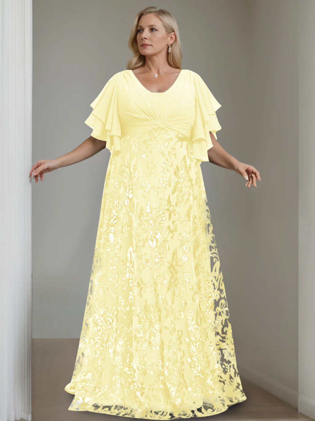 Plus Size V Neck A Line Long Mother of the Bride Dress with Sequins and Half Sleeves