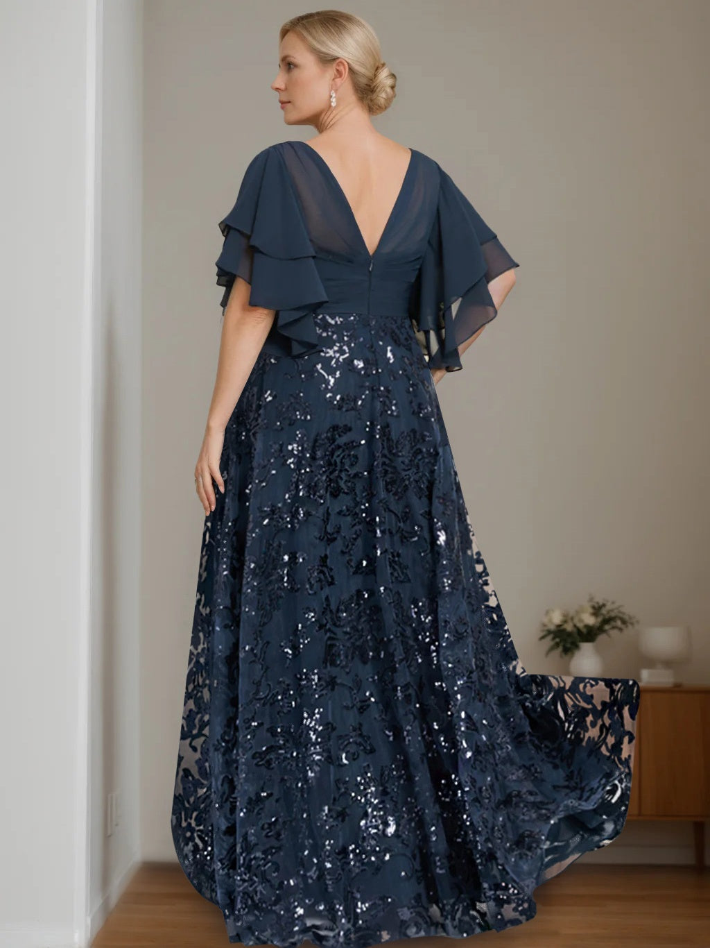 Plus Size V Neck A Line Long Mother of the Bride Dress with Sequins and Half Sleeves