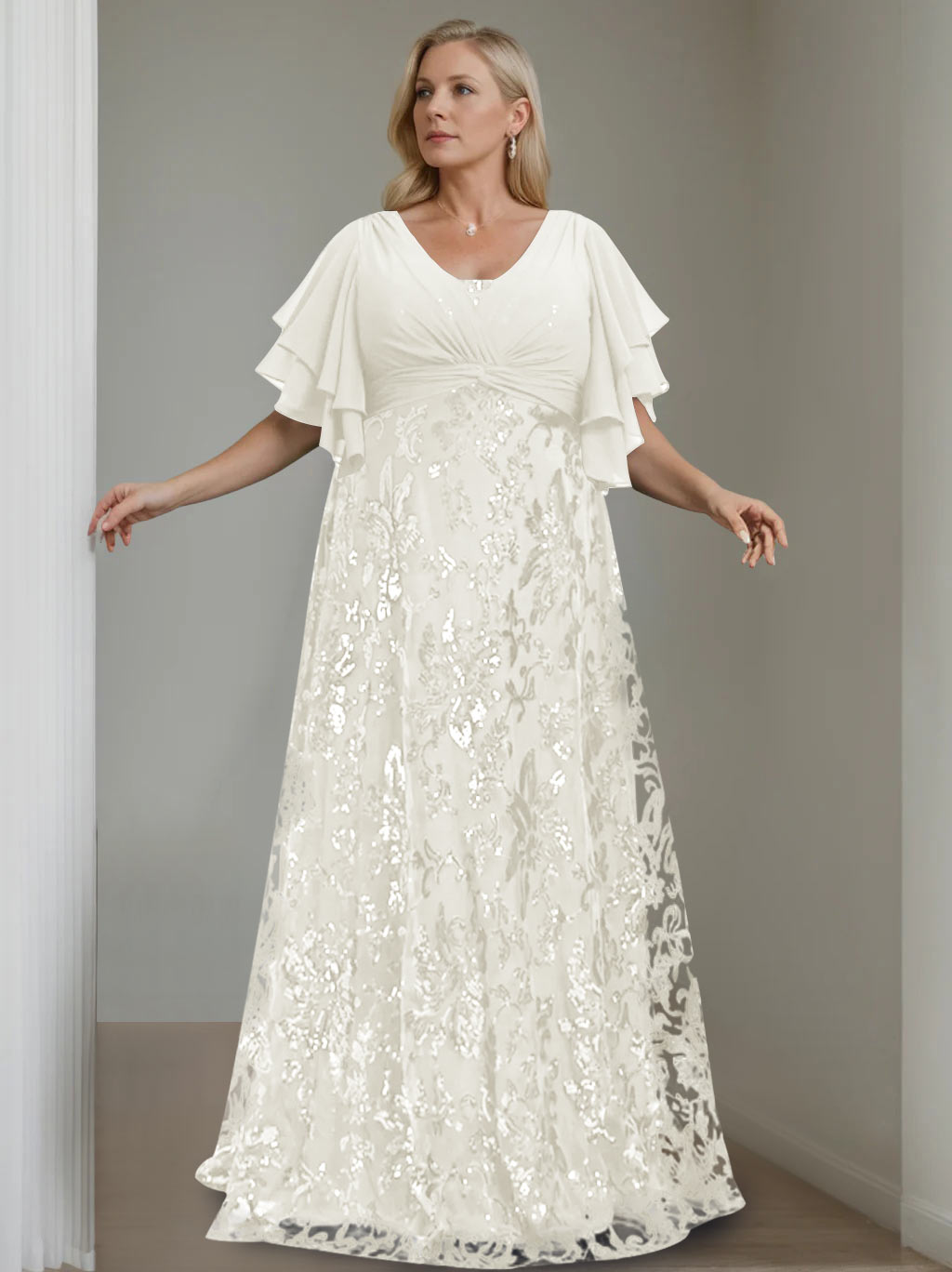Plus Size V Neck A Line Long Mother of the Bride Dress with Sequins and Half Sleeves