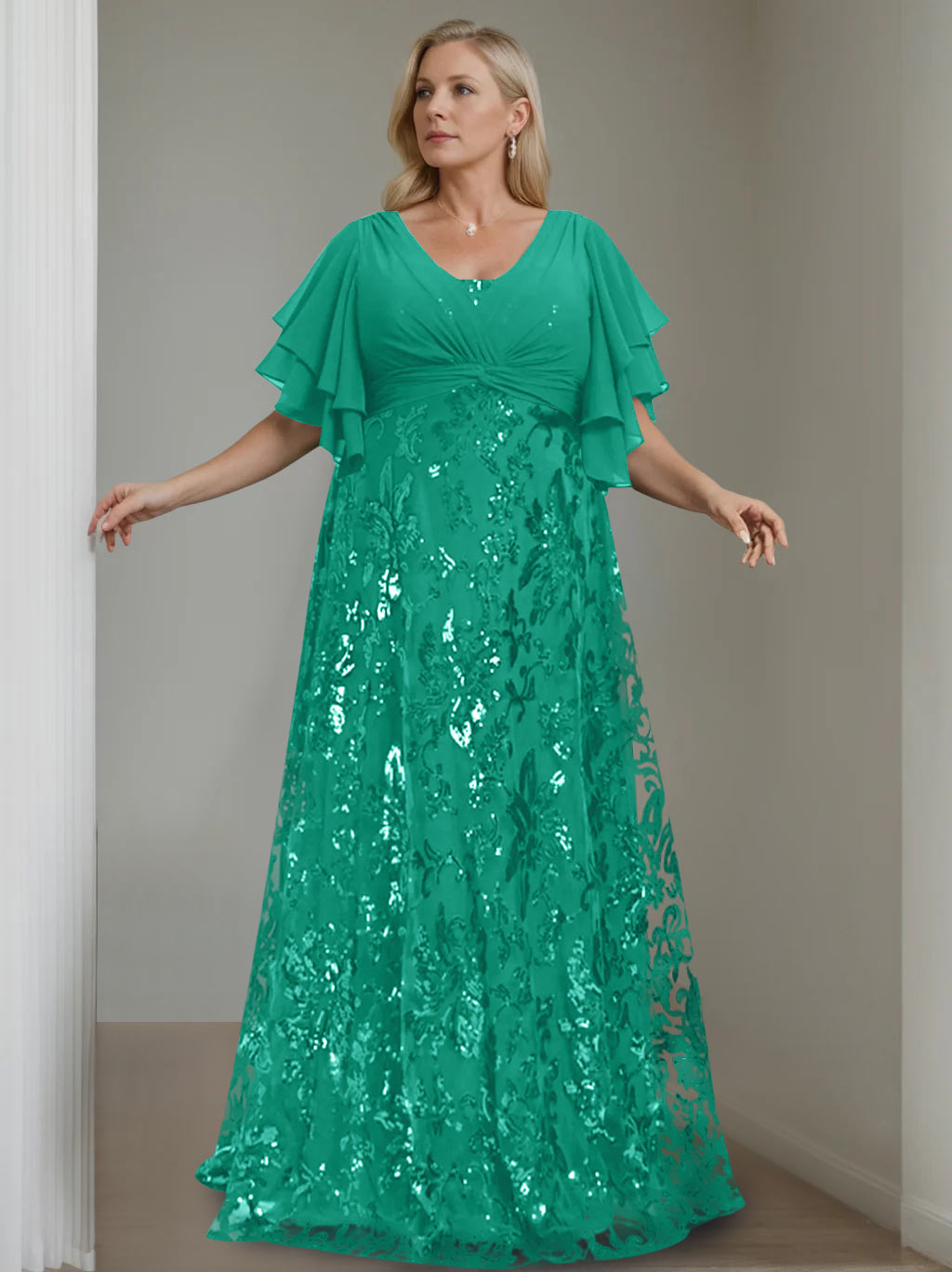 Plus Size V Neck A Line Long Mother of the Bride Dress with Sequins and Half Sleeves
