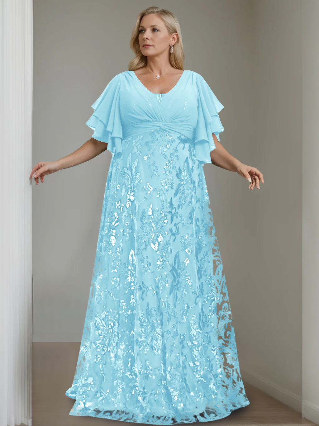 Plus Size V Neck A Line Long Mother of the Bride Dress with Sequins and Half Sleeves