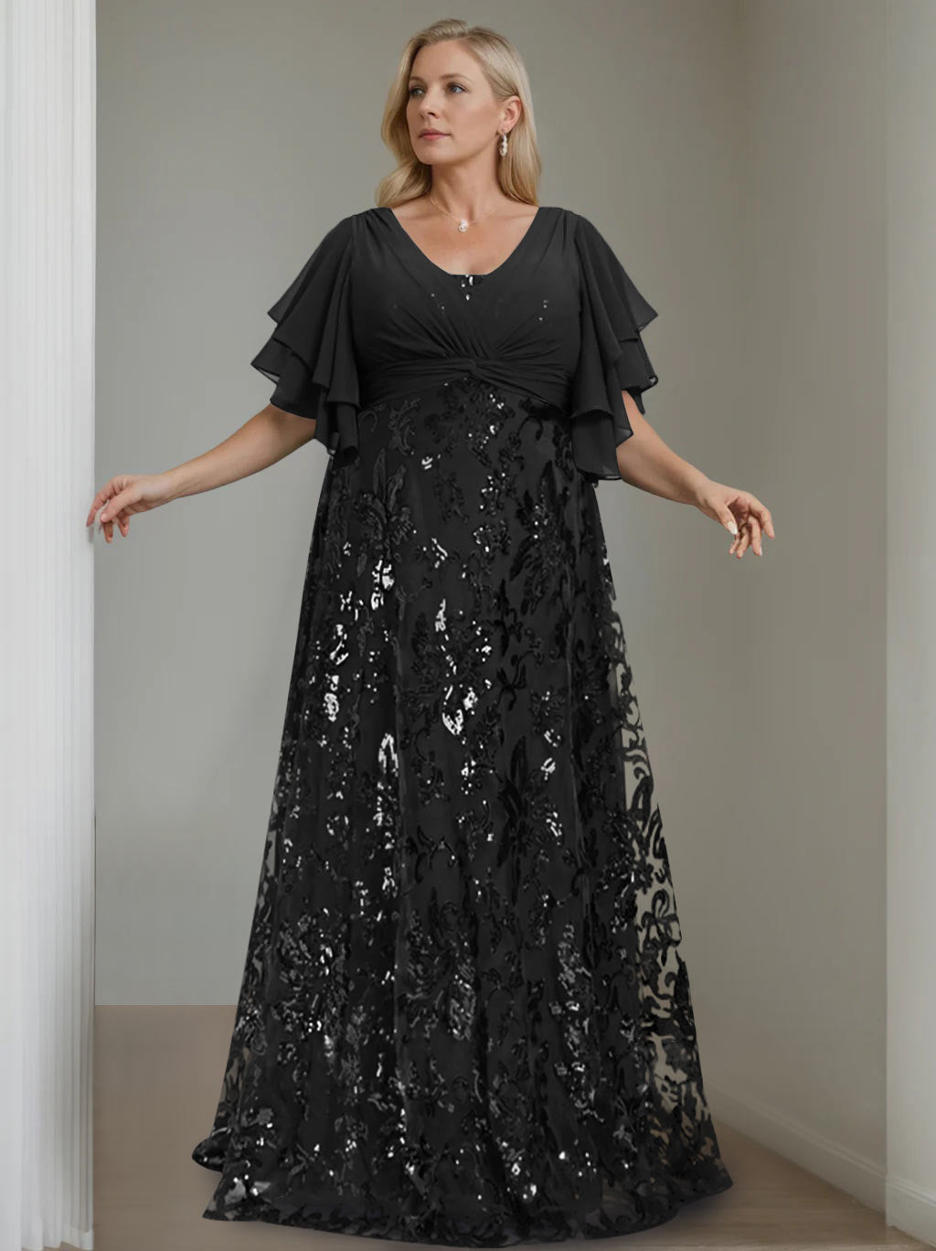 Plus Size V Neck A Line Long Mother of the Bride Dress with Sequins and Half Sleeves