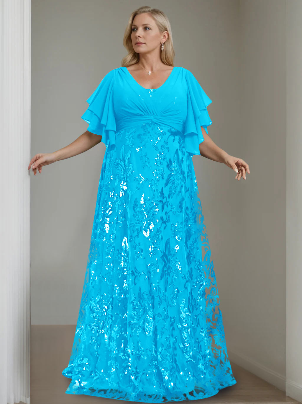 Plus Size V Neck A Line Long Mother of the Bride Dress with Sequins and Half Sleeves