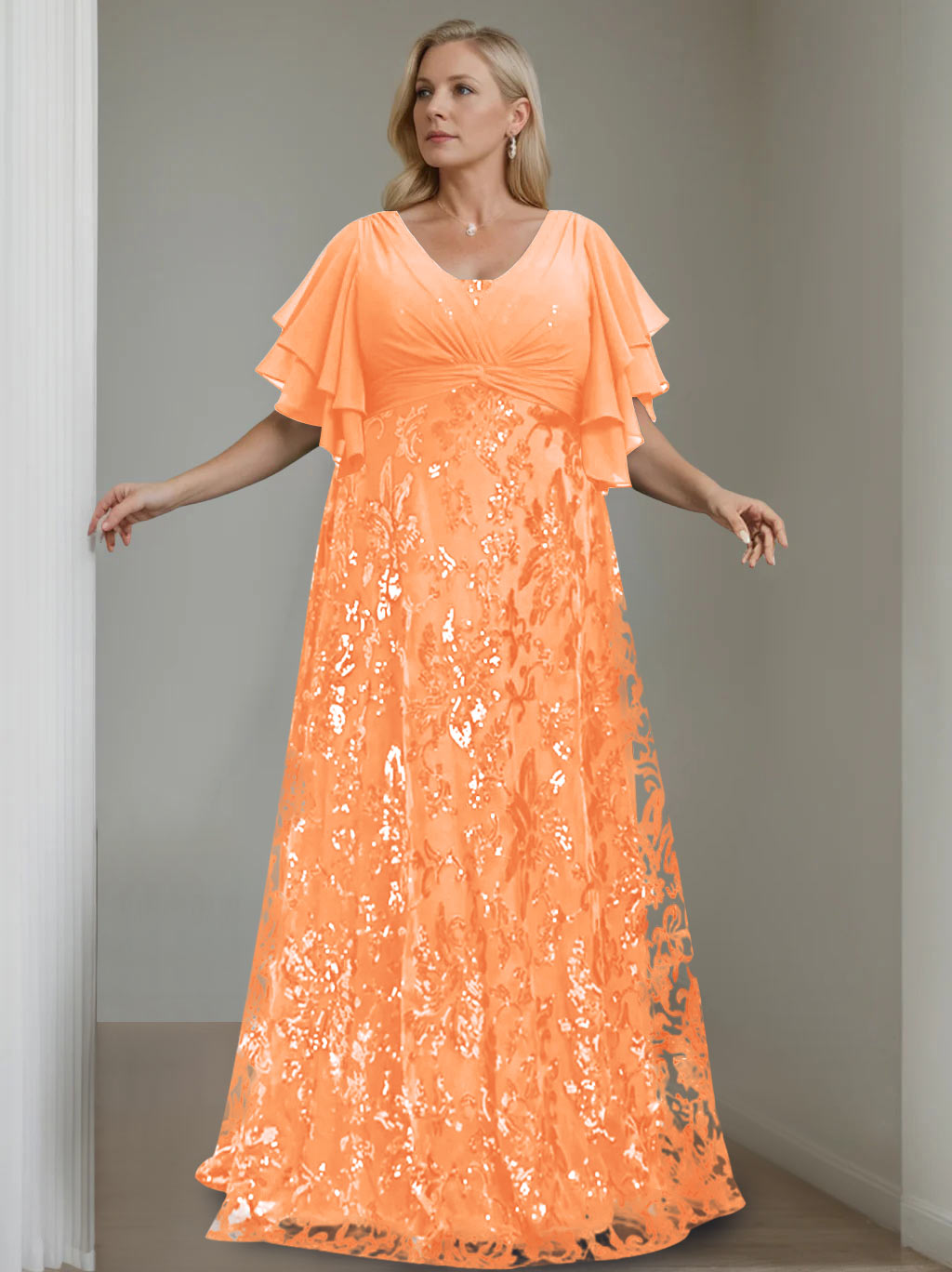 Plus Size V Neck A Line Long Mother of the Bride Dress with Sequins and Half Sleeves