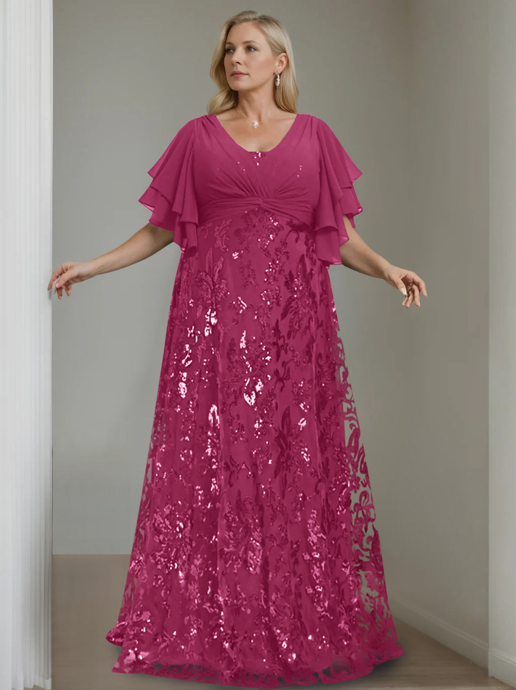 Plus Size V Neck A Line Long Mother of the Bride Dress with Sequins and Half Sleeves