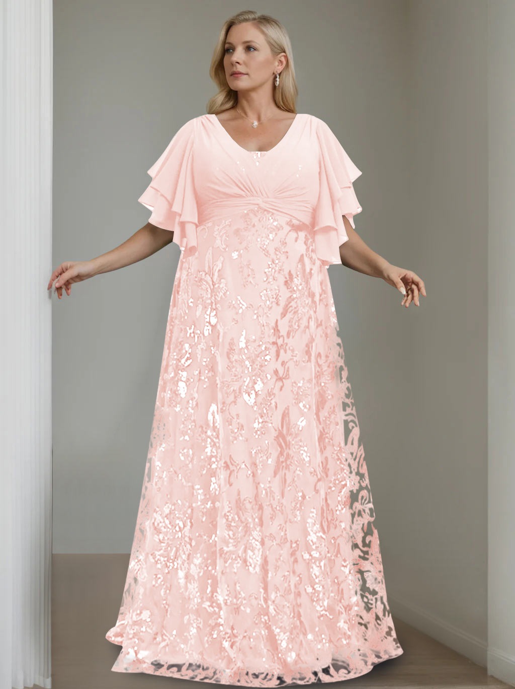 Plus Size V Neck A Line Long Mother of the Bride Dress with Sequins and Half Sleeves