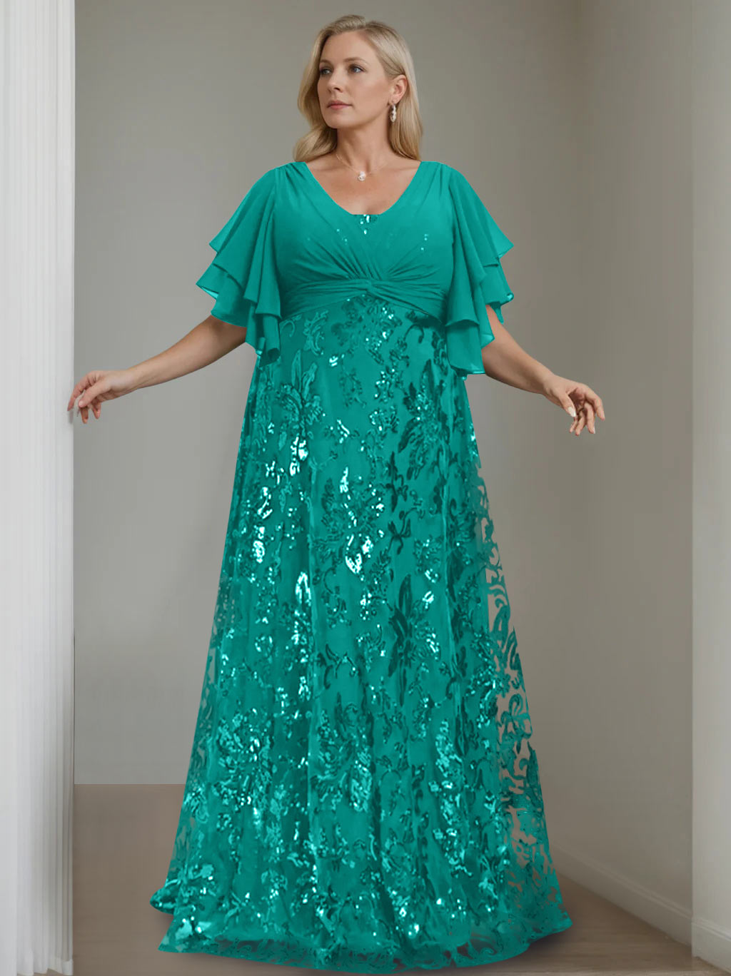 Plus Size V Neck A Line Long Mother of the Bride Dress with Sequins and Half Sleeves