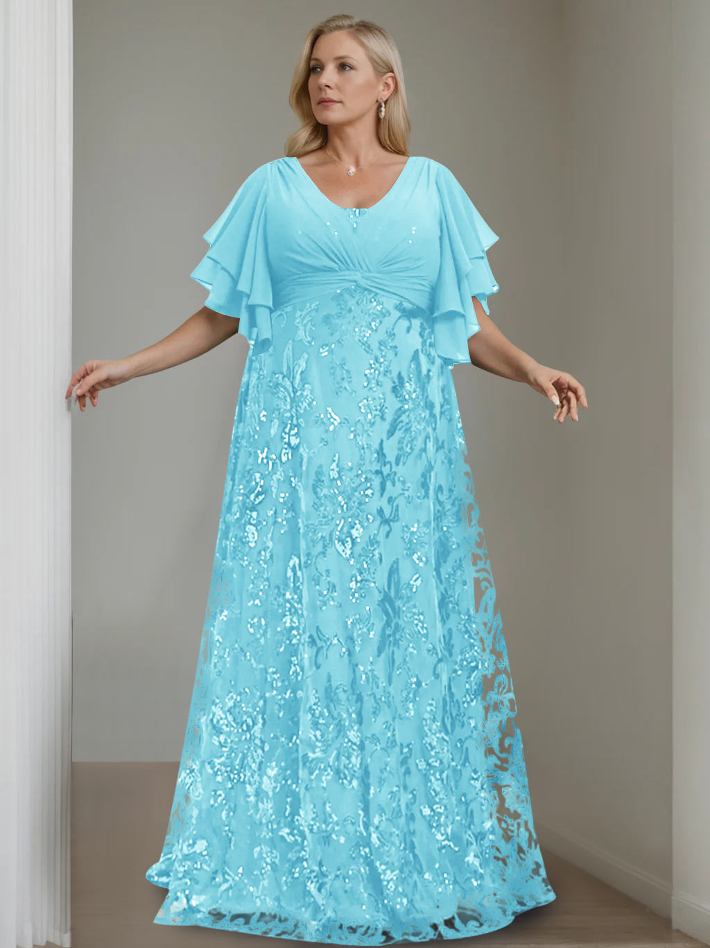 Plus Size V Neck A Line Long Mother of the Bride Dress with Sequins and Half Sleeves