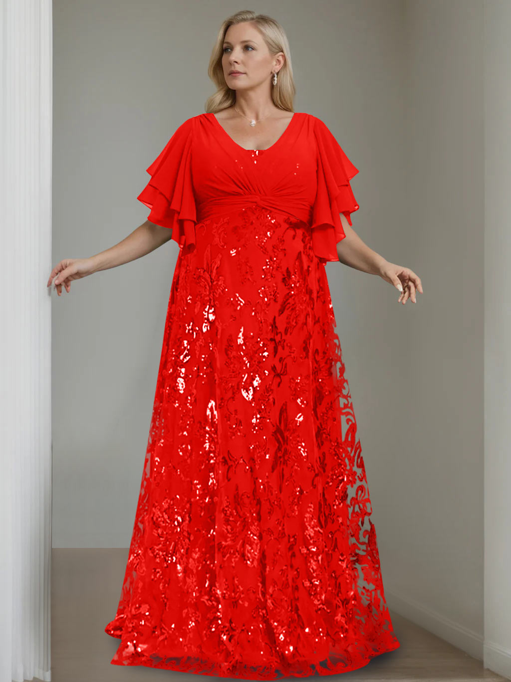 Plus Size V Neck A Line Long Mother of the Bride Dress with Sequins and Half Sleeves