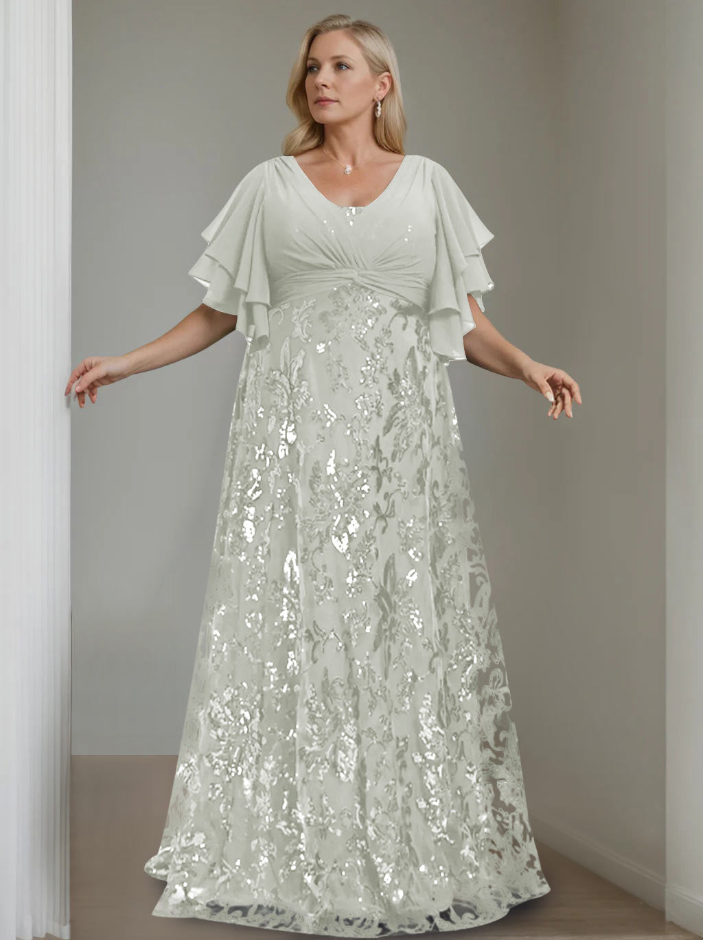 Plus Size V Neck A Line Long Mother of the Bride Dress with Sequins and Half Sleeves