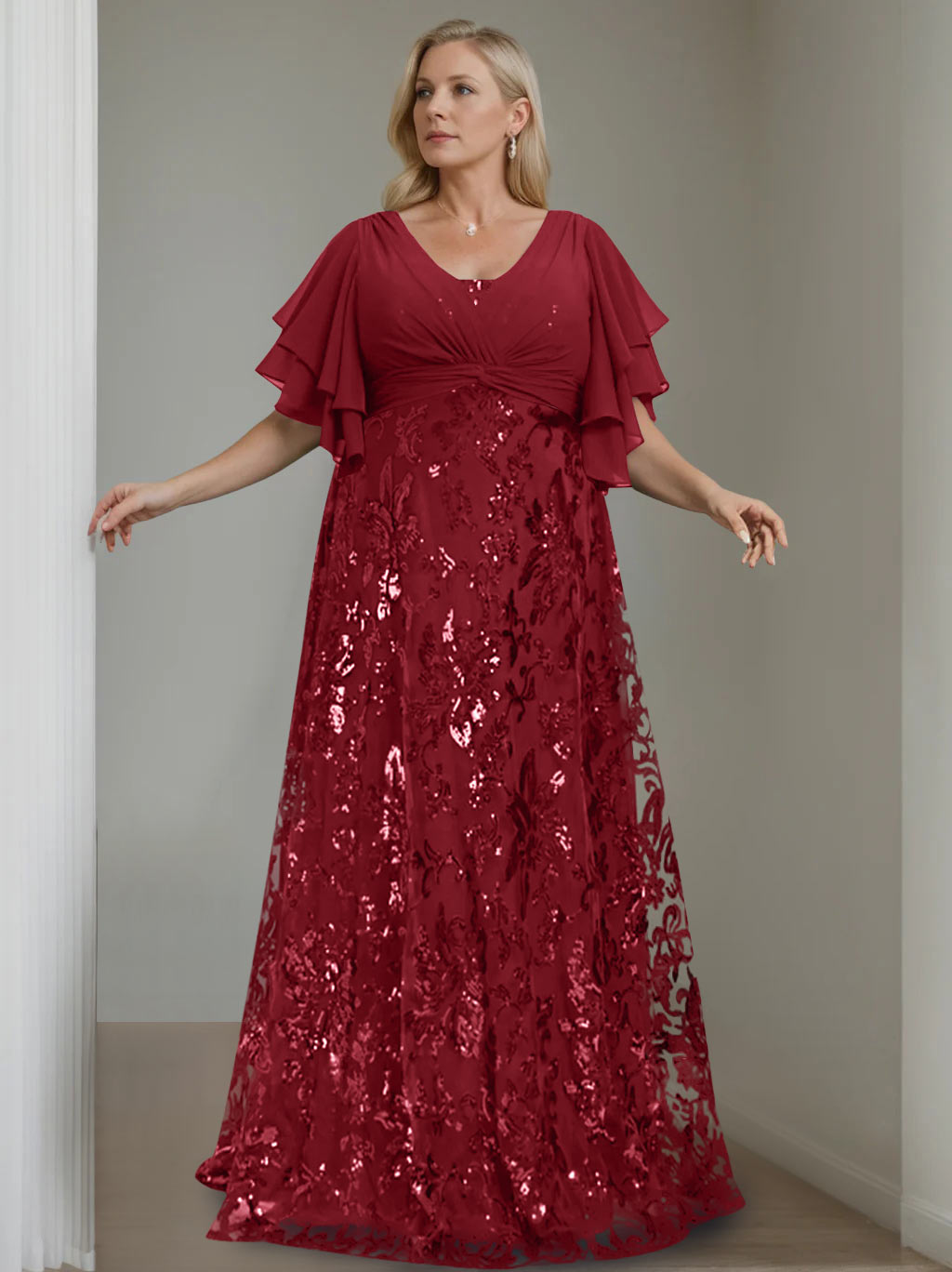 Plus Size V Neck A Line Long Mother of the Bride Dress with Sequins and Half Sleeves