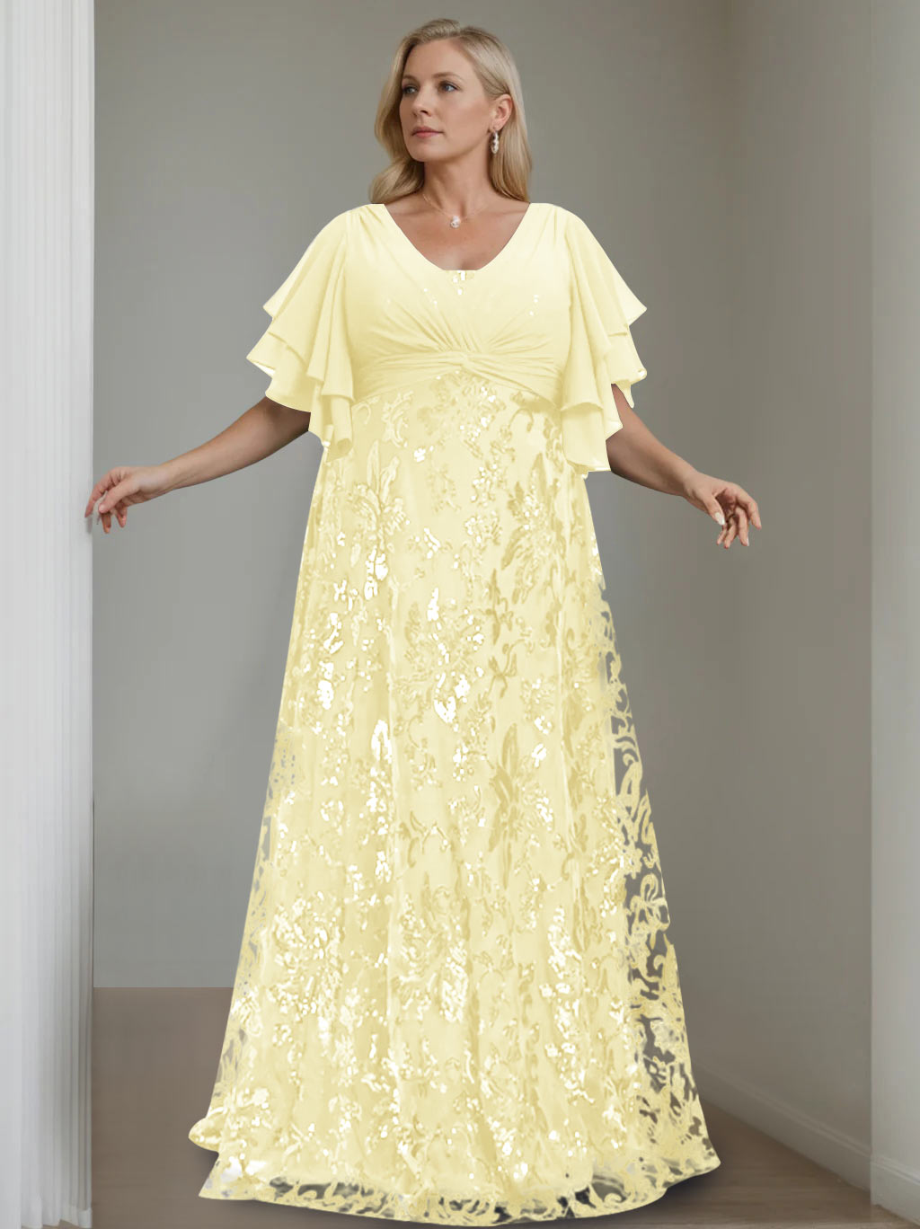 Plus Size V Neck A Line Long Mother of the Bride Dress with Sequins and Half Sleeves