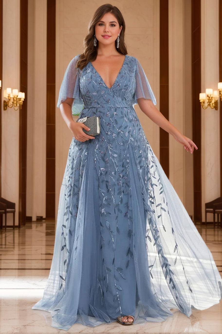 Plus Size V Neck A Line Long Mother of the Bride Dress with Sequins and Short Sleeves