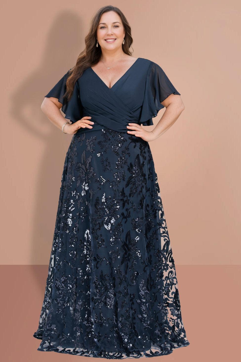 Plus Size V Neck A Line Long Mother of the Bride Dress with Short Sleeves and Sequins