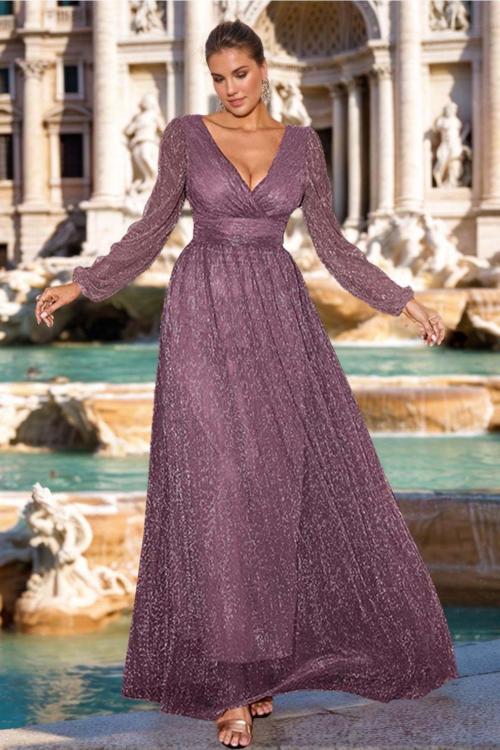 Plus Size V Neck A Line Long Mother of the Bride Groom Dress with Long Sleeves and Ruffles