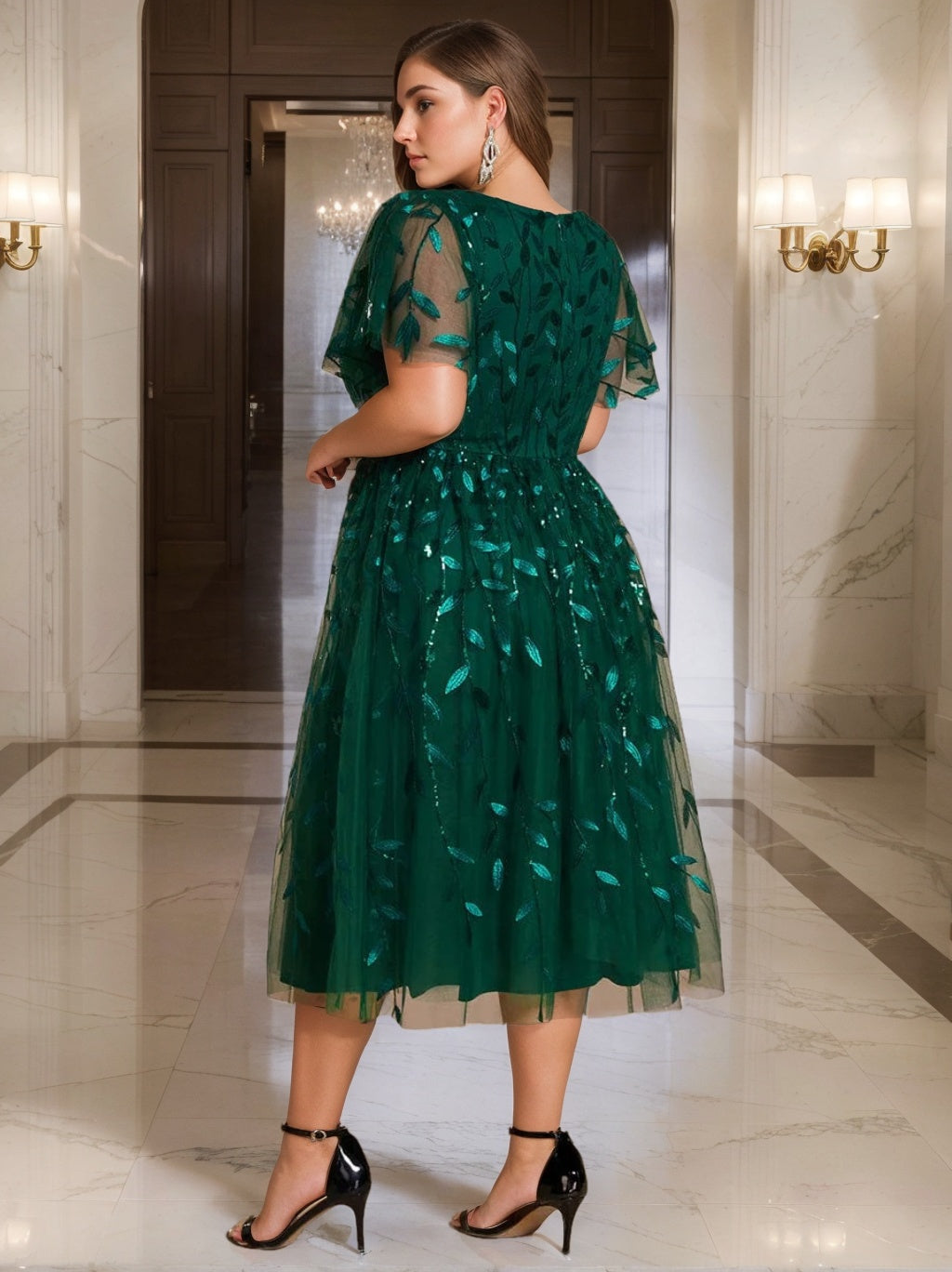 Plus Size V Neck A Line Tea Length Mother of the Bride Dress with Short Sleeves and Sequins
