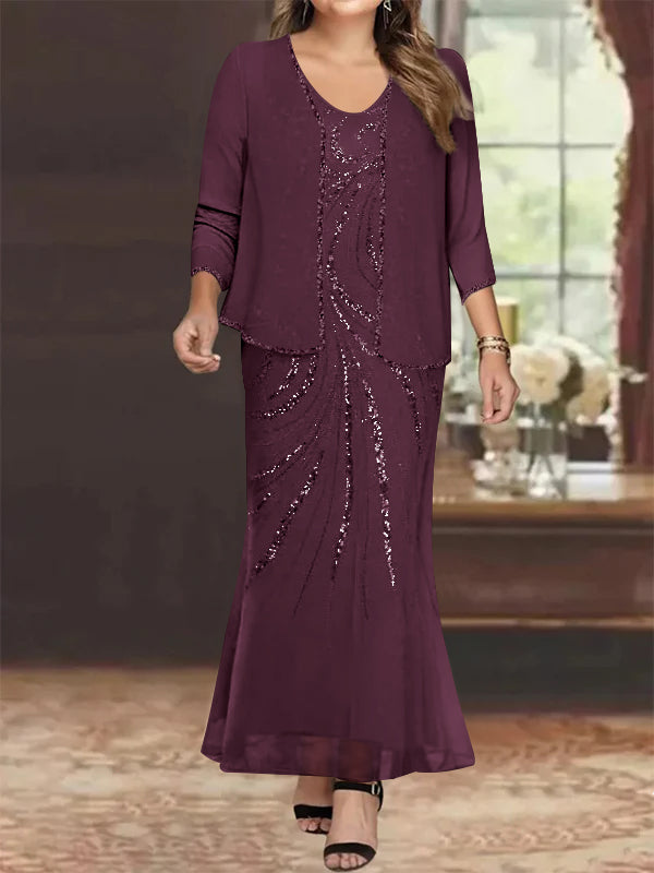Plus Size V Neck Ankle Length Sheath Column Mother of the Bride Dress with Sequins & Jacket