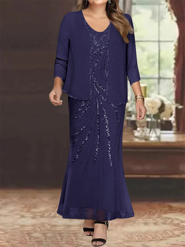 Plus Size V Neck Ankle Length Sheath Column Mother of the Bride Dress with Sequins & Jacket