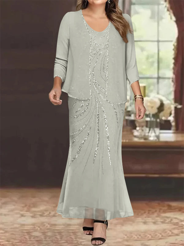 Plus Size V Neck Ankle Length Sheath Column Mother of the Bride Dress with Sequins & Jacket