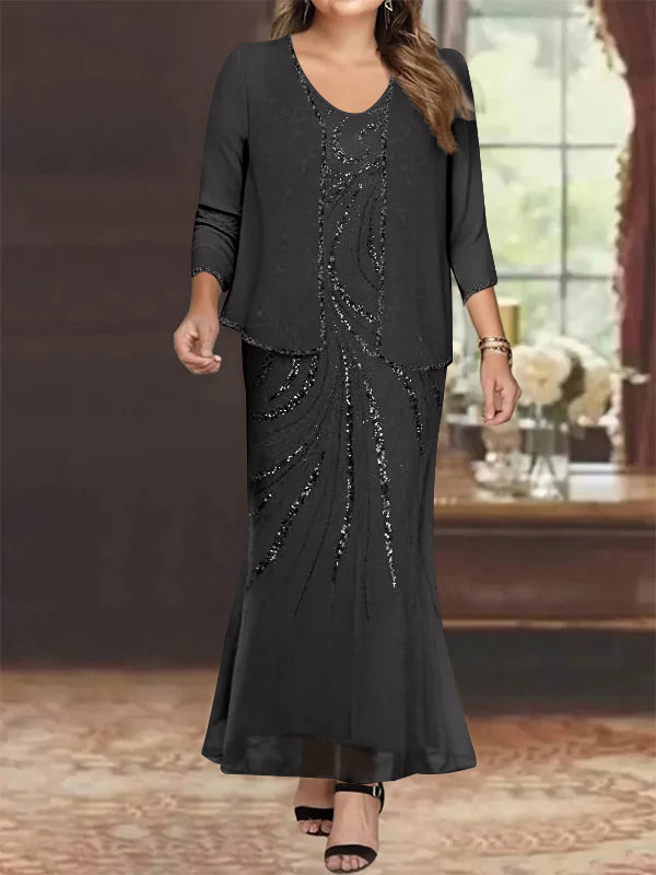 Plus Size V Neck Ankle Length Sheath Column Mother of the Bride Dress with Sequins & Jacket