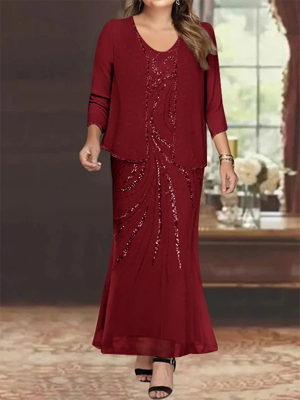 Plus Size V Neck Ankle Length Sheath Column Mother of the Bride Dress with Sequins & Jacket