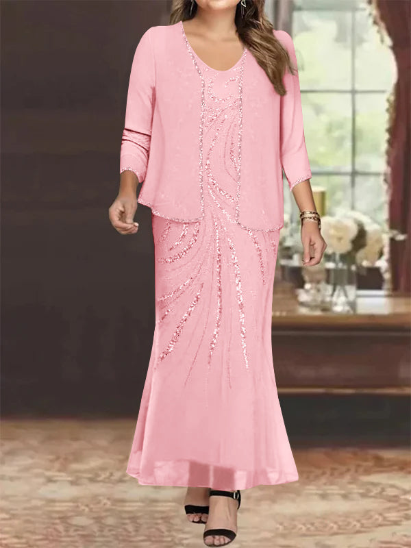 Plus Size V Neck Ankle Length Sheath Column Mother of the Bride Dress with Sequins & Jacket