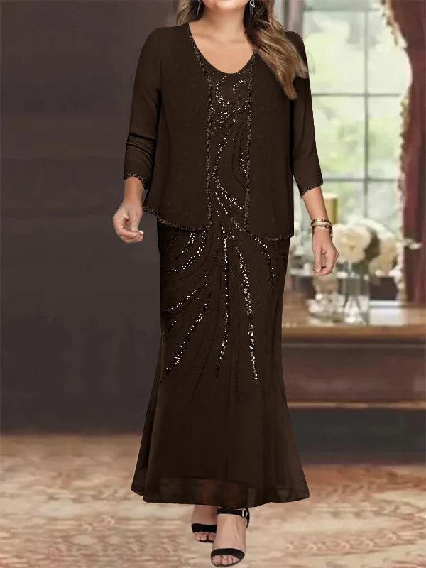 Plus Size V Neck Ankle Length Sheath Column Mother of the Bride Dress with Sequins & Jacket