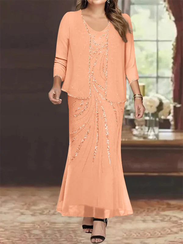 Plus Size V Neck Ankle Length Sheath Column Mother of the Bride Dress with Sequins & Jacket