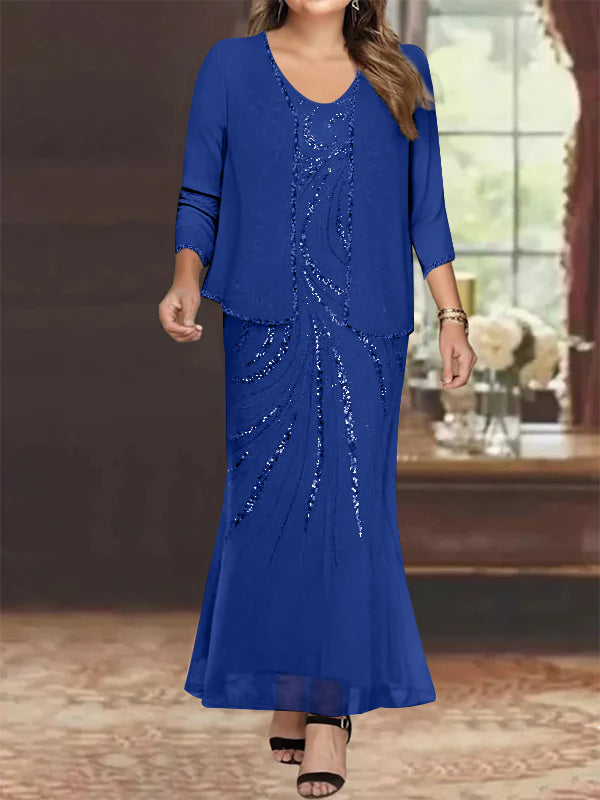 Plus Size V Neck Ankle Length Sheath Column Mother of the Bride Dress with Sequins & Jacket