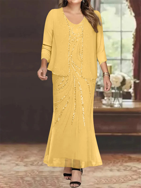 Plus Size V Neck Ankle Length Sheath Column Mother of the Bride Dress with Sequins & Jacket