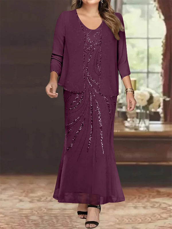 Plus Size V Neck Ankle Length Sheath Column Mother of the Bride Dress with Sequins & Jacket