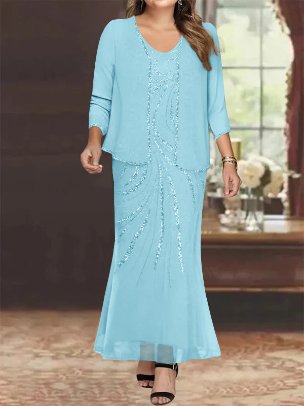 Plus Size V Neck Ankle Length Sheath Column Mother of the Bride Dress with Sequins & Jacket