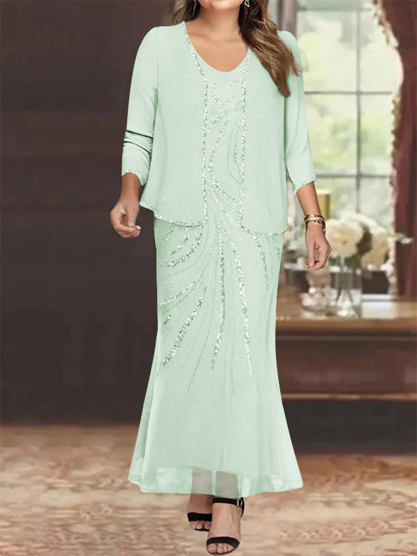 Plus Size V Neck Ankle Length Sheath Column Mother of the Bride Dress with Sequins & Jacket