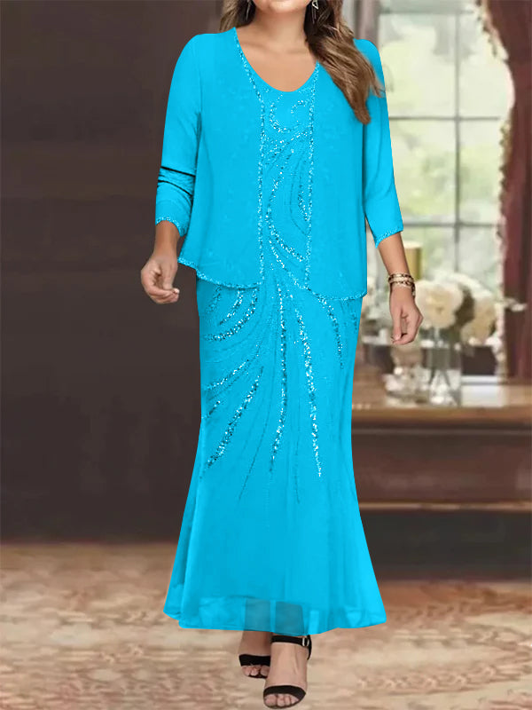 Plus Size V Neck Ankle Length Sheath Column Mother of the Bride Dress with Sequins & Jacket