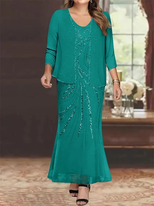 Plus Size V Neck Ankle Length Sheath Column Mother of the Bride Dress with Sequins & Jacket